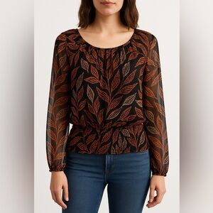 Harper 241 Sheer Leaf Print Long Sleeve Blouse Black Orange Size L